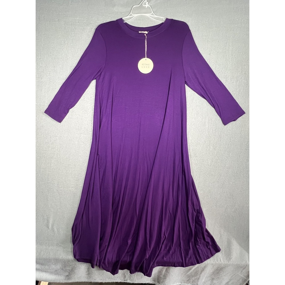 ICONIC LUXE Women's Purple Rayon Blend Midi Dress 3/4 Sleeve Pullover Casual S